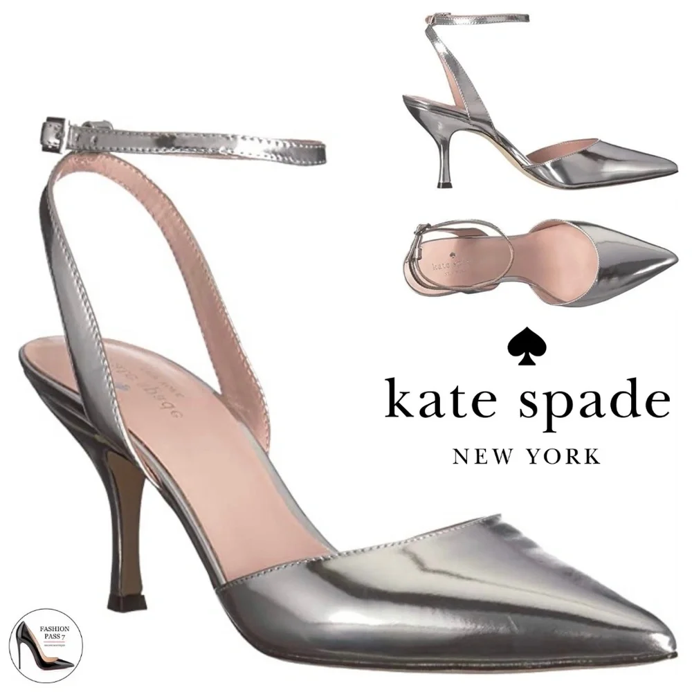KATE SPADE Simone Pointed-toe Ankle-strap Leather Pumps Silver Dress Shoes 7.5 - Picture 1 of 9